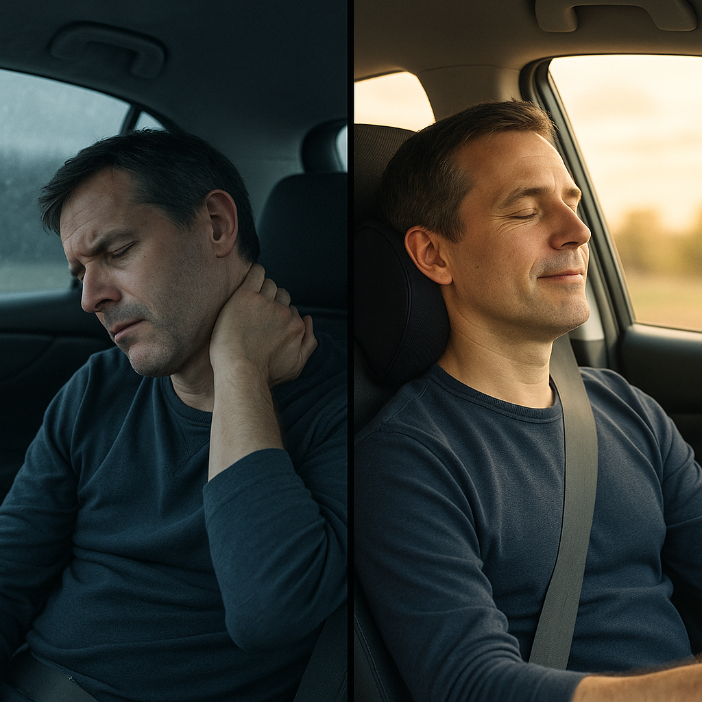 Side-by-side comparison of a man in a car showing discomfort and relaxation.